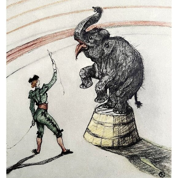 Toulouse Lautrec Performing Elephant 1967 Circus Art Lithograph Matted
